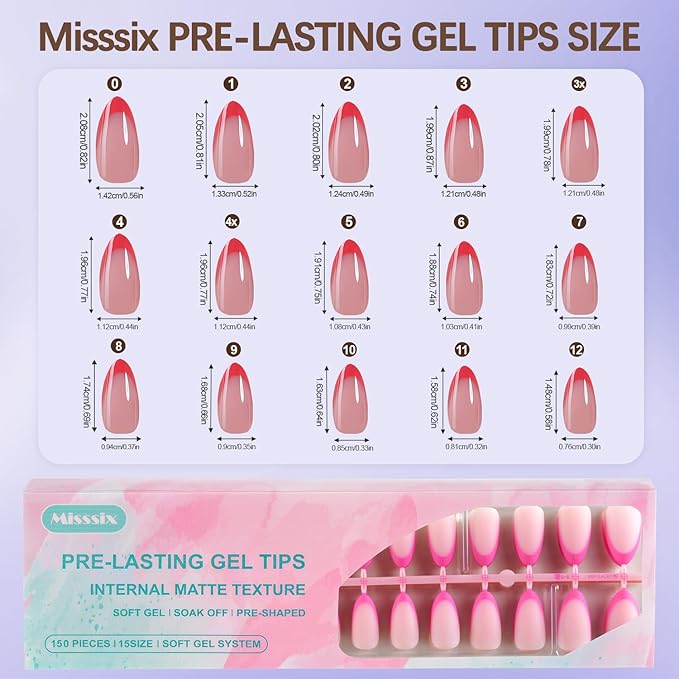Misssix French Tip Press On Nails, 150Pcs French Gel Nail Tips, Pink Medium Almond Soft Gel Fake Nails, X-BASIC Tips Starter Kit for Nail Art DIY 15 Sizes