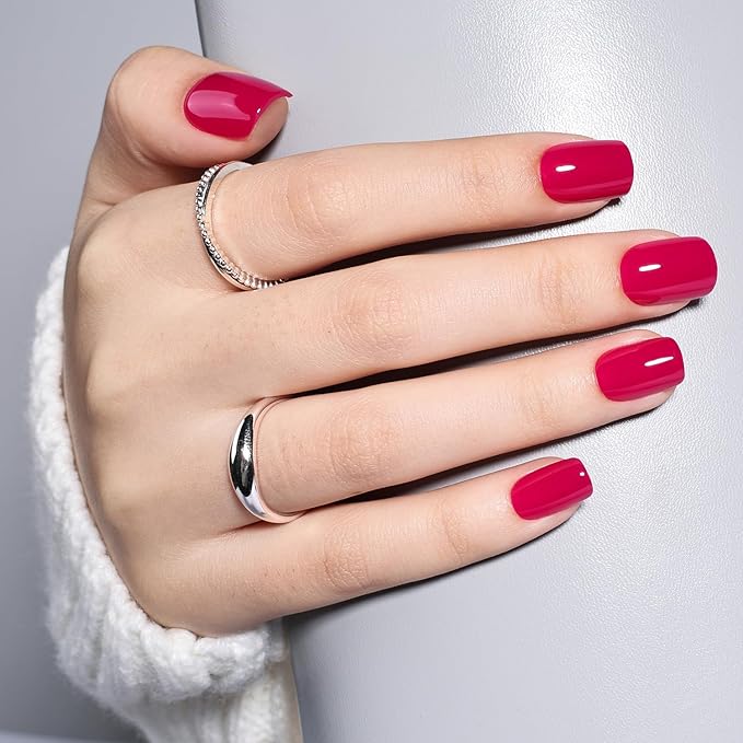 Press on Nails - Short Square Rose Pink Nails Press ons for Women, Reusable Glossy Finish Glue On Nails 30 Pcs 15 Sizes Fake Nails Kit with Glue, Berry Rose