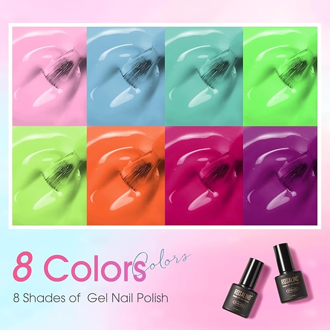 ROSALIND Neon Gel Nail Polish, 8 Colors Macaron Gel Polish Soak Off UV Pastel Yellow Pink Green Nail Polish Set for Home Salon Manicure