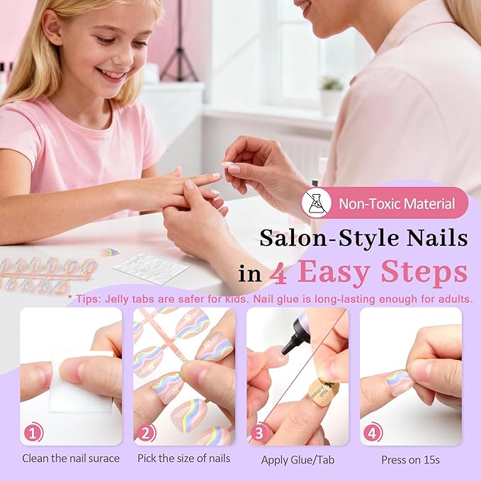16 Sizes Press on Nails Kit for Kids - 32 Pieces French Almond Fake Nail Tips for Girls 8-12 Years Old with Jelly Nail Adhesives & No-Lamp Nail Glue, Birthday Easter Gifts (Rainbow Flower)