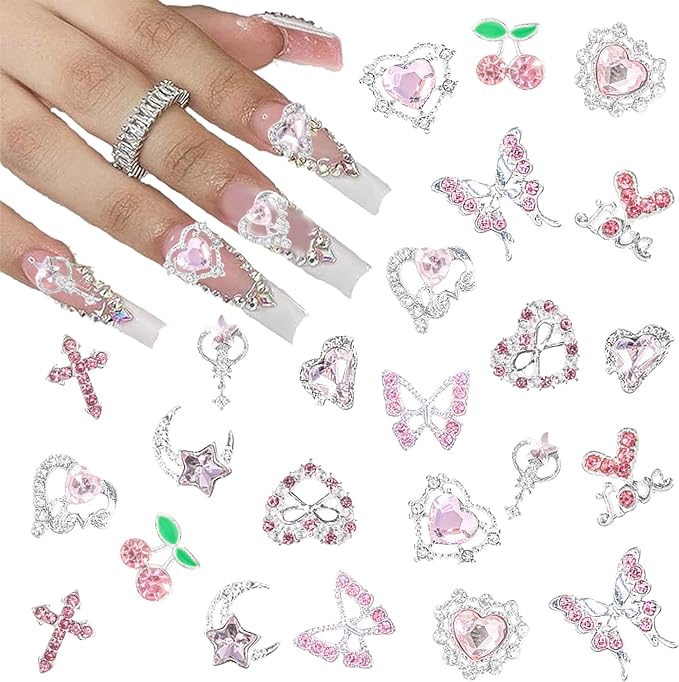 3D Nail Charms,24Pcs Love Heart Star Cross Cherry Butterfly Bow Nail Rhinestone Charms,Metal Alloy Nail Art Decorations for Manicure Design Accessories DIY Crafts (A Pink)