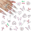 3D Nail Charms,24Pcs Love Heart Star Cross Cherry Butterfly Bow Nail Rhinestone Charms,Metal Alloy Nail Art Decorations for Manicure Design Accessories DIY Crafts (A Pink)