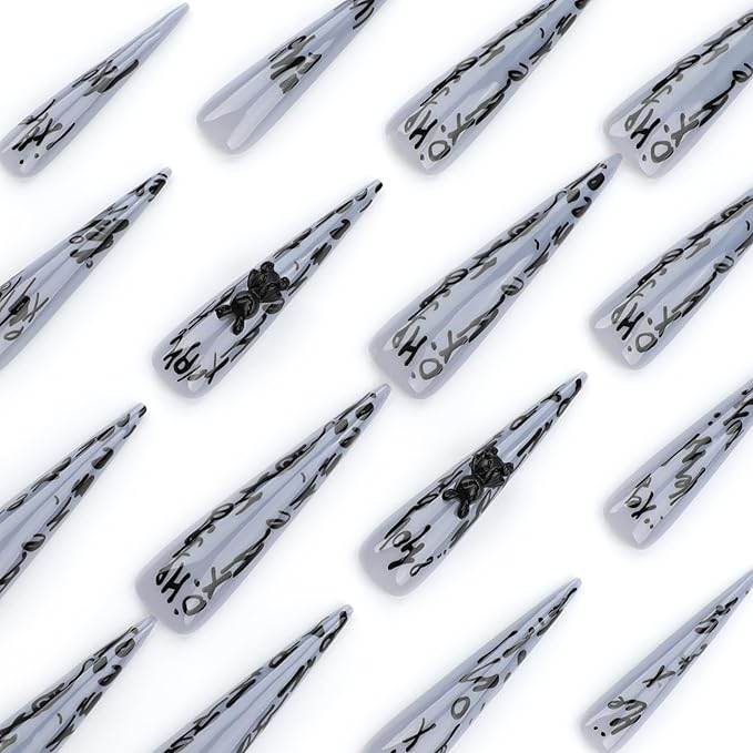 Extra Long Press on Nails Stilitto Long Tip Fake Nails Glossy Full Cover Acrylic False Nails with Designs Glue on Nail Almond Shape Stick on Nails for Women and Girls 24 Pcs
