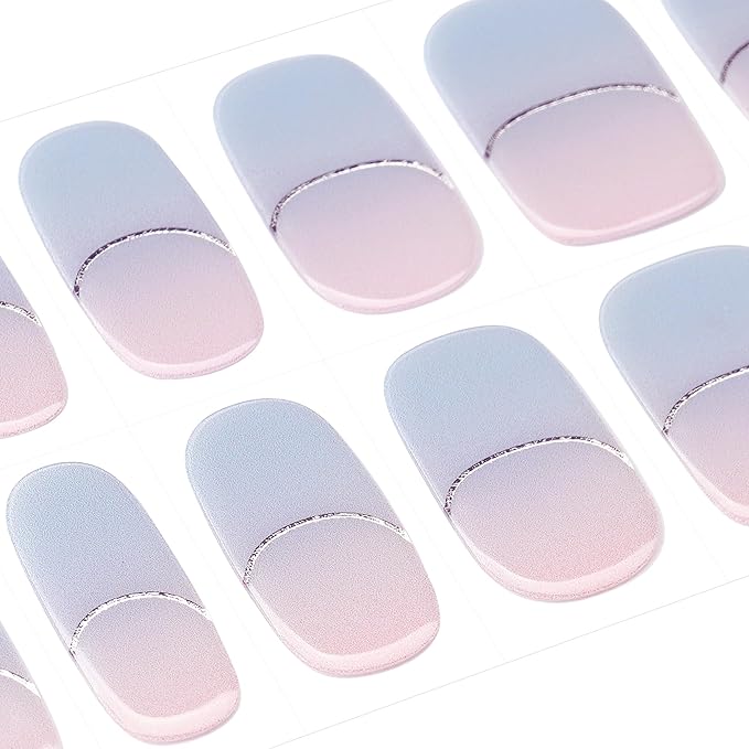 DANNI & TONI Semi Cured Gel Nail Strips Blue-Pink Ombre (Lunar Haze) French Gel Nail Wraps 28 Stickers Gift for Woman