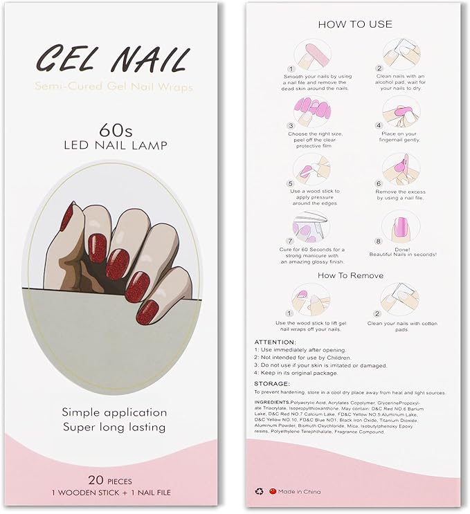 JMEOWIO Gel Nail Stickers Dark Red Glitter Christmas Semi Cured Gel Nail Strips Wraps UV/LED Nails Art Design Decoration Accessories