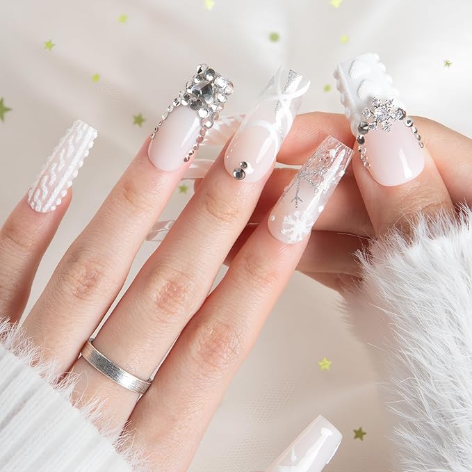 LOVFUL Short Press on Nails Snowlight Couture | Handmade Acrylic Press ons | Reusable Fake False Nails | Square Classic Regular 1.3in | H733-S