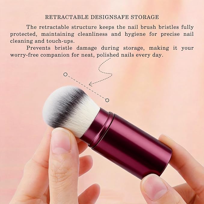 WOKOTO 2 PCS 2-in-1 Retractable Brushes - Nail Art Dust Remover for Acrylic Nails, Round & Angled Makeup Brushes for Foundation & Cream, Burgundy Handle Dust Brush, Travel-Friendly Aluminum Tube