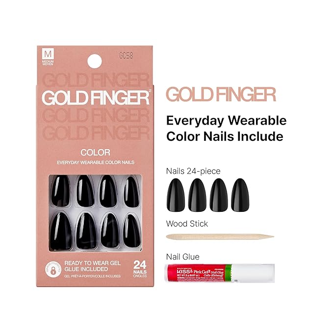 GoldFinger False Nails Kit, Black Fake Nails, Ready to Wear Gel & Manicure Stick included, Medium Almond Shape, Long-Lasting Hottest Trend Glue on Nails, Convenient & Easy to Apply (Pitch Black)