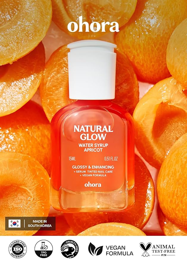 ohora Natural Glow Water Syrup Nail Strengthener (Apricot) - Tinted Nail Hardener for Brittle, Damaged Nails, Quick-Dry Glossy Finish, Nail Repair & Growth, 15 mL