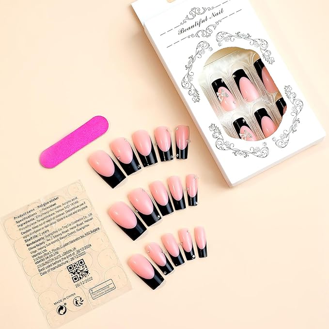 24Pcs Black French Tip Press on Nails Square Long Fake Nails Pink Full Cover Glue on Nails with Rhinestones Butterfly Charm Designs Acrylic Artificial Nails Glossy Stick on Nails for Women Girls