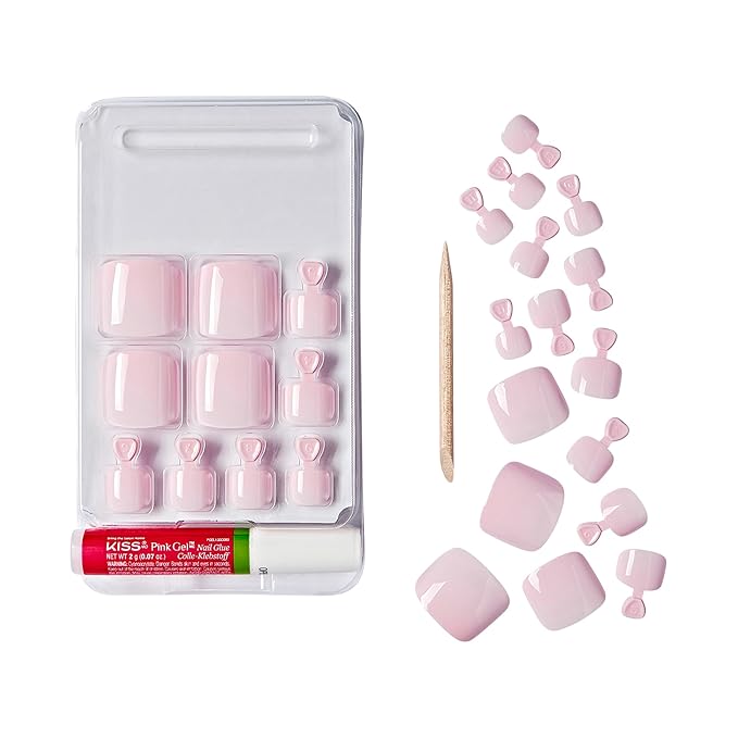 GoldFinger 24 Pcs Press On Toenails, Wide Fit Fake Nails, Baby Pink Gel Stick On Extensions, Reusable DIY Pedicure False Nail Kit with Glue, Cuticle Stick & File, 7 Day Long Lasting Wear