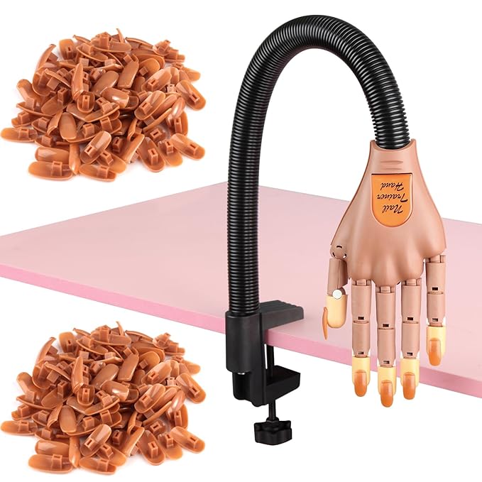 Acrylic Nails Flexible Practice Fake Hand, BORNBYME Nail Training Adjustable Finger Kits, Fake Nails Hands for Nail Beginner Practice with 200 PCS Nail Tips