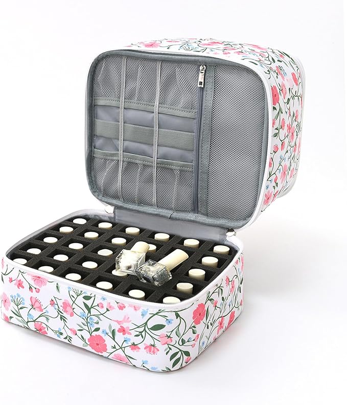 hibear Nail Supplies Organizer Nail Polish Storage Holds 30 BottlesNail Polish Storage Holds 30 Bottles Nail Kit Case Makeup Bag Vanity Case for Women (PINK FLOR)