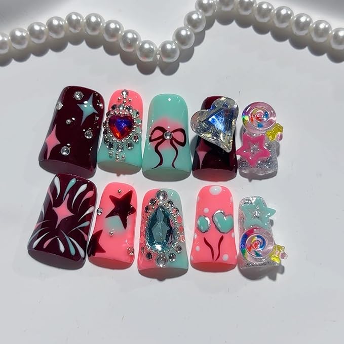 10 Pcs Handmade Press on Nails Duck Medium Fake Nails 3D Rhinestone Designs False Nails with Heart-Shaped Pattern Reusable Artificial Smooth Full Cover Acrylic Stick on Nails for Women Grils (Size M)