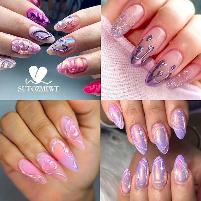 3D Nail Gel and Chrome Nail Powder Kit: 10g Sculpting Gel for Nail Art Metallic Mirror Effect Pigment Aurora Pearl Chrome Powder for Home DIY Salon Use (Purple)