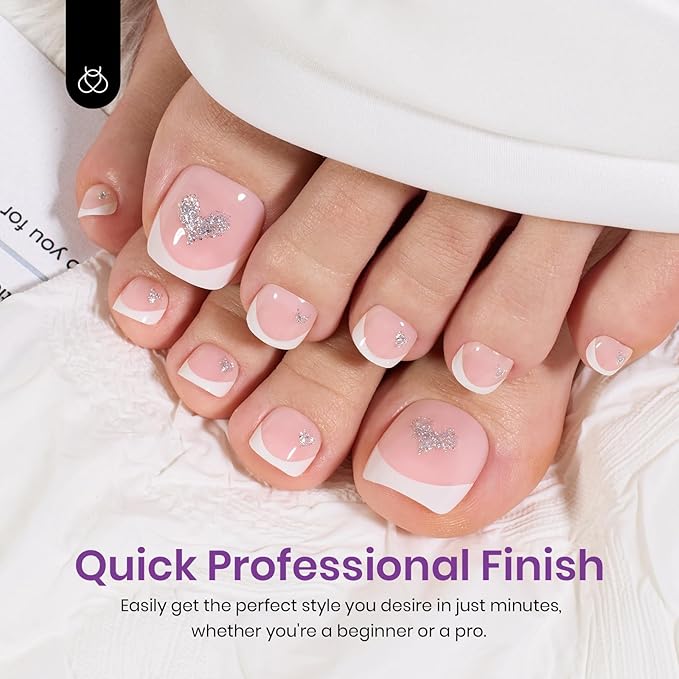 Beetles X Press Plus French Tip Toenails - Ivory French | Pink Short Square Press On Toe Nails | 252 Pcs 18 Sizes Natural Salon Quality Gel Nail Tips