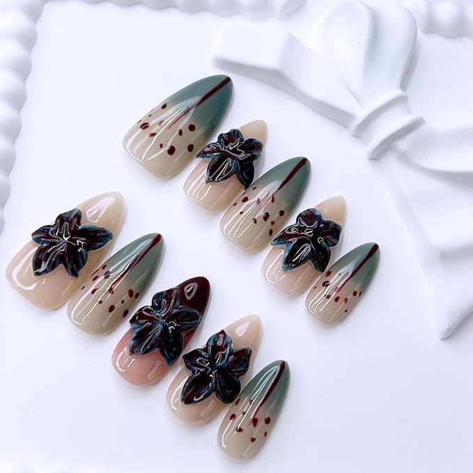 10 Pcs Handmade Almond Press on Nails Medium French Tip False Nails with Glue,3D Flower Bloodstain Gradient Glossy Designs Stick on Nails Full Cover Artificial Acrylic Glue on Nail for Women (S）
