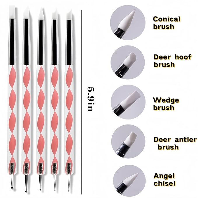 5PCS Dual-Ended Nail Art Dotting Tools – Silicone Sculpting Pens & Ball Stylus Set for Gel Polish, Builder Gel, Chrome Powder, 3D DIY Nail Art Design & Manicure Decoration