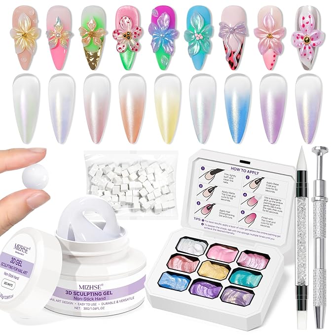 MIZHSE White 3D Sculpting Nail Gel and 9 Mermaid Colors Ombre Patting Gel Polish Kit，3D Nail Art Soak Off U V Painting Gel Set with Sponges, for Nail Art DIY