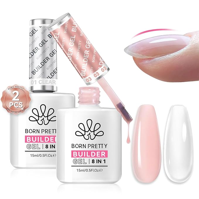 Born Pretty Builder Gel for Nails 8-in-1，15ML Clear and Cover Pink Builder Nail Gel Set, Transparent Extension Gel Rhinestone Glue for Nail Art Base Gel, LED Nail Lamp Cured Hard Gel Builder