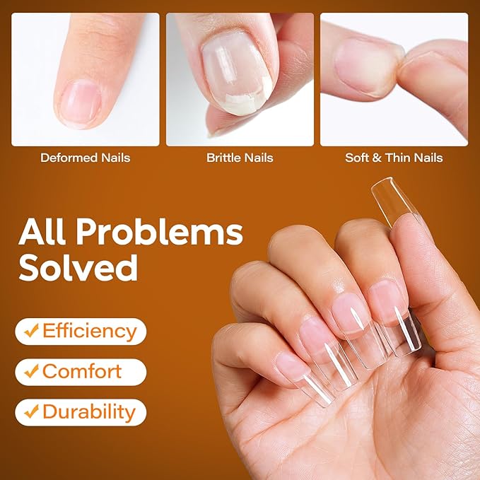 Nicedeco Medium Square Fake Nail Tips, 504Pcs Medium Soft Gel Nail Tips Pre Etched Half Matte Full Cover Clear Acrylic Gel Kit False Press on - 018