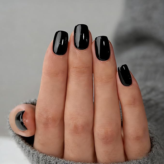 Black Press On Nails Square -Short Press On Nails with Nail Glue, Fit Perfectly & Natural Reusable Stick On Nails in 12 Sizes - 24PCS Soft Gel Glue On Nails Kit