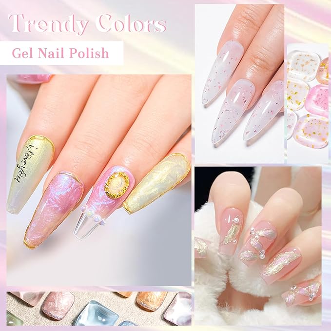 12Pcs Rubber Base Gel Polish, Builder Gel Nail Polish Gold Foil Pink Structure Quick Extension Gel + Pearl Gel Nail Polish Pink Blue Purple Swirl Shell Thread Effect Manicure Kit