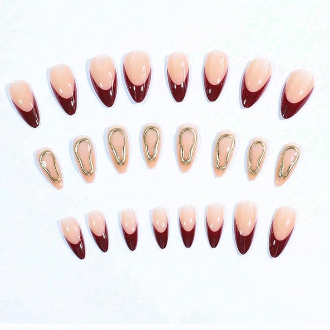 Red French Tip Press on Nails Medium Almond Fake Nails Gold Embossed Irregular Geometric False Nails Wine Red French Acrylic Nails Glossy Glue on Nail for Women Manicure 24Pcs