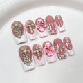 Flower Press on Nails Medium Fake Nails White French Tip Luxury False Nail with 3D Golden Rhinestone Design Gradient Floral Stick on Nails Muti-Layer Gel Artificial Acrylic Nail for Women (Size S)