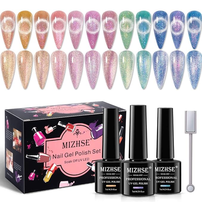 MIZHSE Unicorn Cat Eye Gel Nail Polish 7ml, Pearl Mermaid Cateye Magnetic Gel Polish Kit Pink Blue Soak Off UV LED DIY Manicure Set for Home Salon