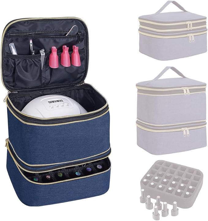 Nail Polish Organizer, Handheld Double Layer Nail Polish Storage with Adjustable Dividers, Holds 30 Bottles (15ml/0.5 fl.oz) for Nail Polish Lamp Manicure Tools and Essential Oil, Blue