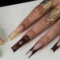 Long Square Press on Nails Fake Nails Artificial Nail Stick on Nail for Women Elegant Brown & Gold Design with Star & Clear Sparkle Accents for Women 24pcs