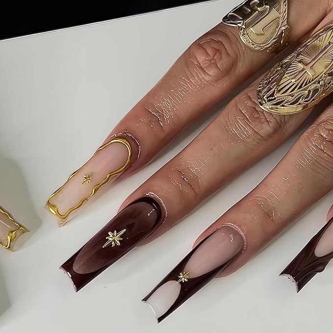 Long Square Press on Nails Fake Nails Artificial Nail Stick on Nail for Women Elegant Brown & Gold Design with Star & Clear Sparkle Accents for Women 24pcs