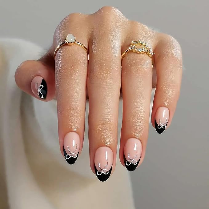 Press On Nails - Black Tie | Black French Tip Press on Nails with 3D Bow Design - Soft Gel Almond Fake Nails I 32 Nails, 16 Sizes Kit with Glue and Adhesive Tabs I Female Founded