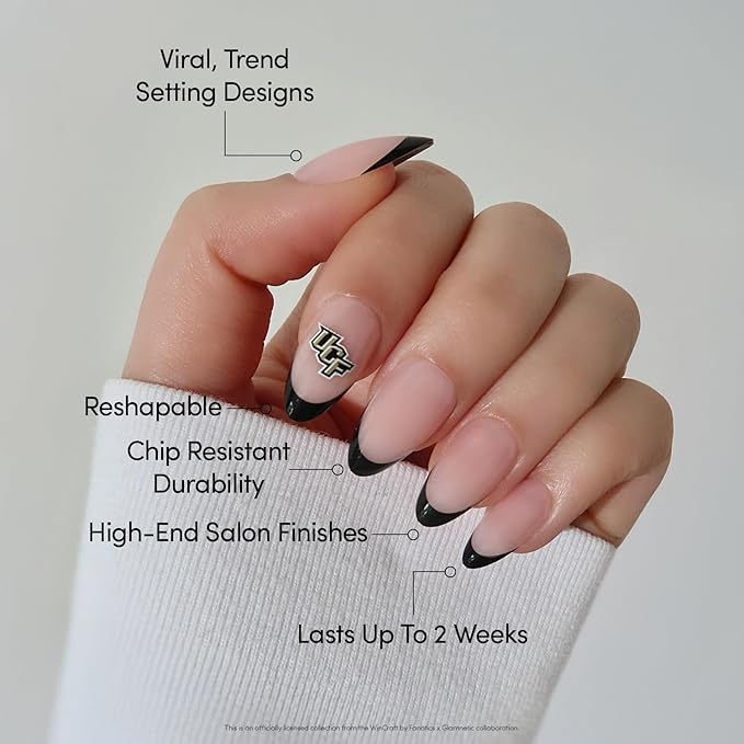 Glamnetic x Fanatics Press On Nails - UCF Knights | Short Almond Fake Nails, Collegiate Knights Black French Tips, College Nails, Salon-Quality | 15 Sizes - 30 Nail Kit with Glue