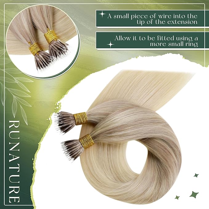 RUNATURE Nano Bead Hair Extensions Human Hair Blonde, Medium-Length Hair, Nano Tip Hair Extensions Ash Blonde, Add Hair Volume for Women, Full Ends, Cold Fusion, Easy to Maintain, 16 Inch 50G 50S