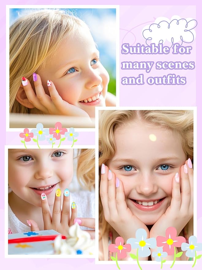 78PCS Kid Press on Nails, EBANKU 3 Pack Children Fake Nail Kit Full Cover Short False Fingernails with Nail Glue for Girl Nail Decoration (Bow Tie Strawberries)