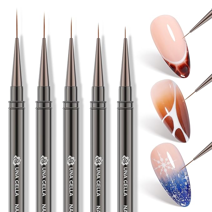 UNA GELLA Nail Art Brushes Metallic, Liner Pens 5Pcs Set For Nail Art Gel Polish, Gray Color, Detail Nail Art Design Painting Brush Set For Nails Gel Fine Drawing Nail Tools, 6/9/11/15/18mm