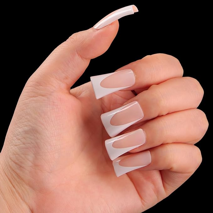 outopen 120pcs Duck Nail Tips Short Cream Pink French Duck Tips Full Cover Fan Flare Duck Tips for Wide Press on Nail Crystal Duck Feet Nail Tips for Polygel Acrylic Extension, 12 Sizes