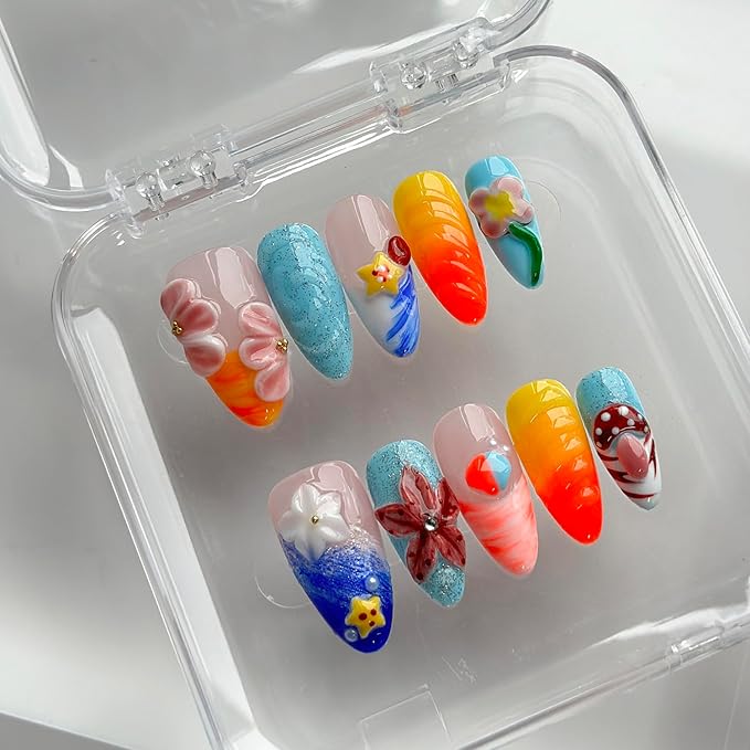 Luxury Press on Nails Medium Almond Handmade 3D Unique Reusable ABS Material Fake Nails French Tip False Nails with Designs Mushroom Floral Summer Glossy Glue on Nail Thick Acrylic Nail(S)