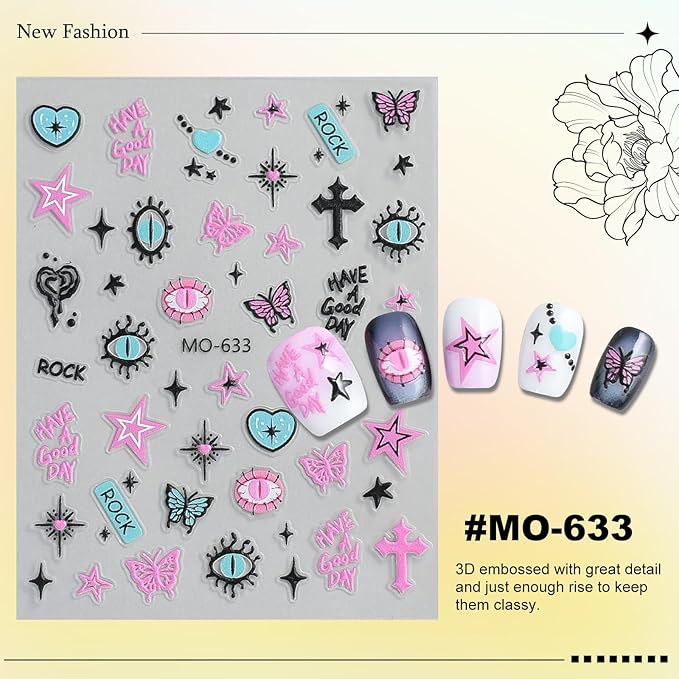 3 Sheets Rock Nail Stickers for Nail Art Adorable Cool Pink Bow Heart Cross Butterfly Evil Eye Designs 3D Embossed Self Adhesive Nail Decals for Women DIY Manicure Decoration YX1235