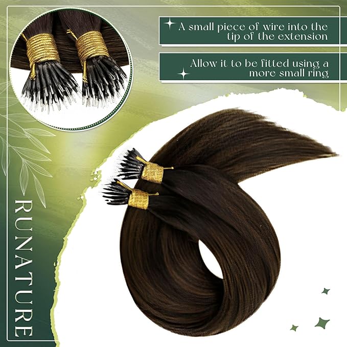 RUNATURE Nano Hair Extensions Human Hair Brown Ombre Blonde Nano Link Extensions Real Human Hair Brown 24 Inch 50 Gram
