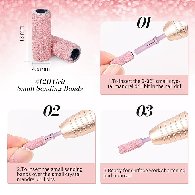 MelodySusie 50 Pcs Nail Drill Bits Small Sanding Bands with 3.1mm Mandrel Bit, 120 Medium Grit Nail File for Acrylic Nails Gel Manicures and Pedicure, Pink