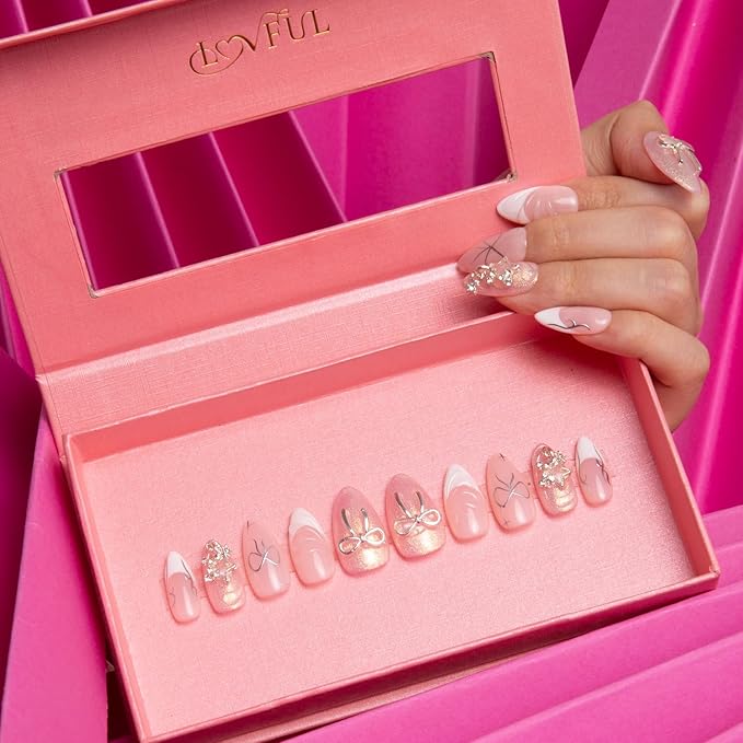 LOVFUL Press on Nails Dazzling Star French Tip | Handmade with Full Covered Crystals | Reusable Fake Nails | Almond Regular 1.0 in | H294-M