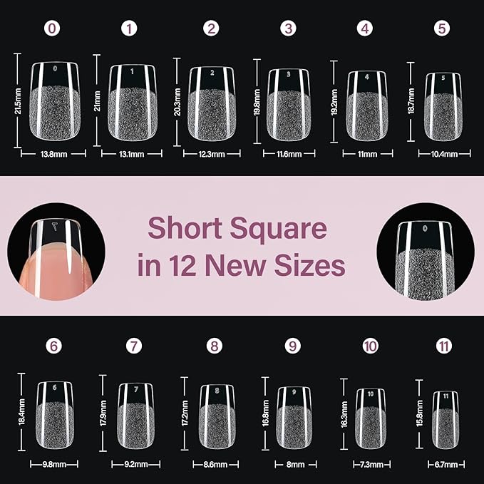 Misssix Short Square Gel Nail Tips, 216Pcs Pre Etched Clear Fake Nails, Full Cover Soft Acrylic False Nail Glue and Nail Glue Remover for Women 12 Sizes