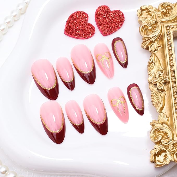 24Pcs Almond Press on Nails Medium French Tip Fake Nails Glitter Gold Bow Glue on Nails Nude Pink Full Cover False Nails Glossy French Acrylic Nails Cute Artificial Stick on Nails for Women Manicure