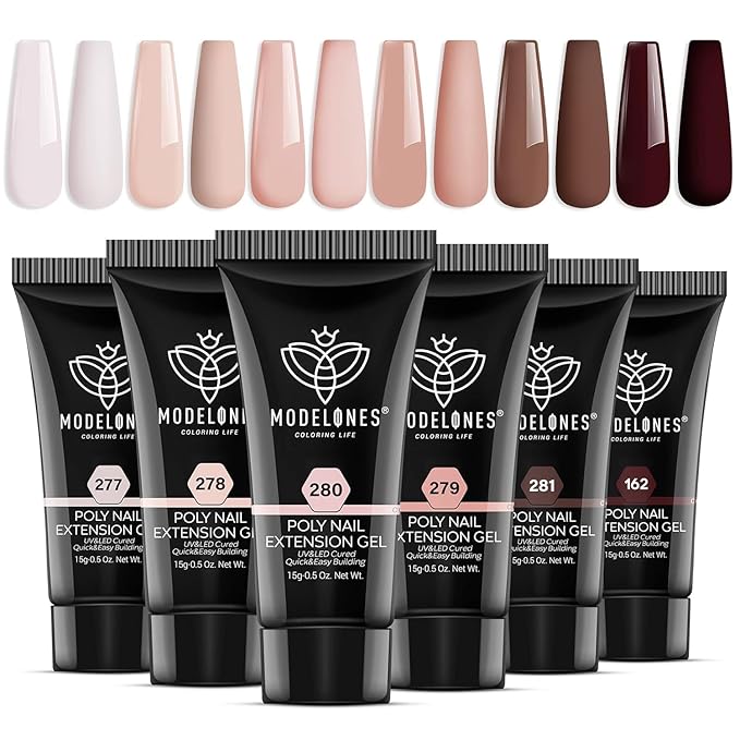 Modelones Poly Nail Gel, 6 Colors Nude Skin Tones Pink Neutral Brown Collection Poly Extension Gel Set Builder Manicure DIY Design Nail Art Home Salon Beauty Gift