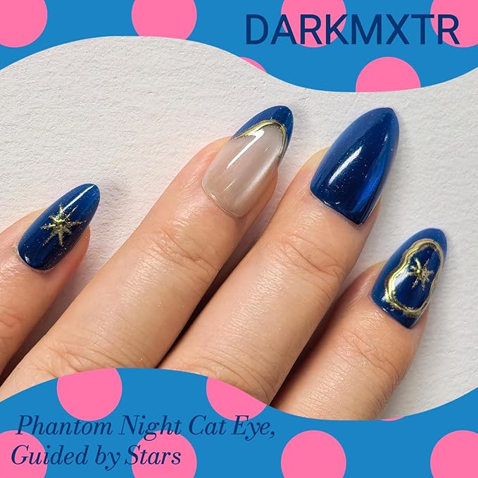30 Pcs Long Almond Press On Nails - Dark Blue Glitter Gold Star Design, Glossy Reusable Fake Nails with Adhesive Tabs,Easy Application Manicure Set for Work, Party & Daily Use