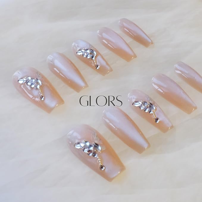 Press On Nails, Long Ballerina Coffin Shape, Nude Pink with Butterfly Rhinestone Design, Handmade False Nail 10 Pieces (Medium,LB)