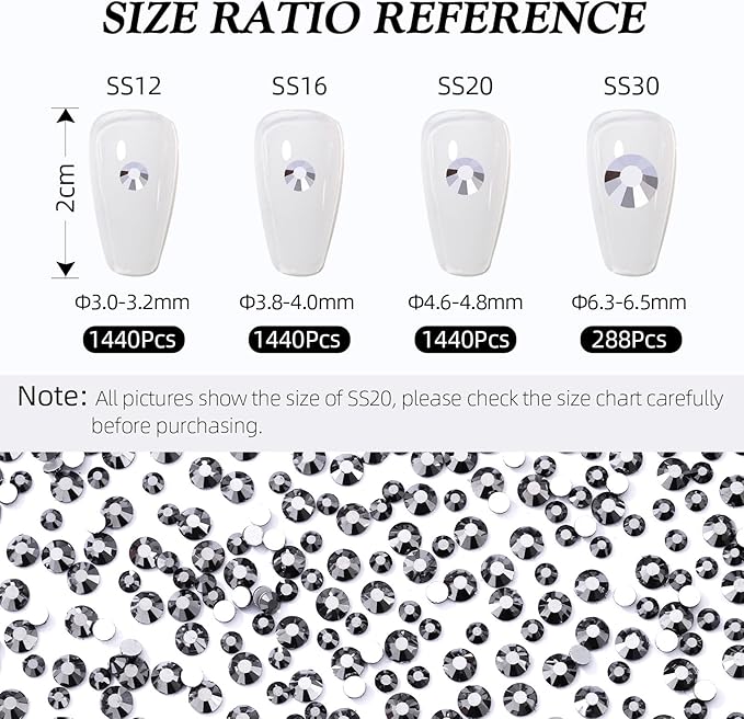 Black Hematite Flatback Rhinestones, Glass Rhinestones for Nail Art and Craft, Glue Fix, Loose Crystal Gemstones(Black Hematite, SS20, 1440pcs, 4.6-4.8mm)